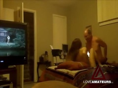 Older guy fucks the cute young lady with tv on