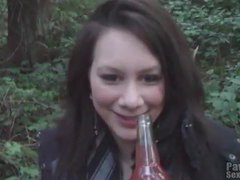 Cute girl kitty flashes her tits in the woods