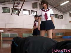 Naughty young japanese schoolgirls sharing cock