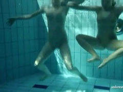Bikini girls strip naked and play in the pool clip