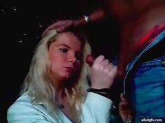 Blonde girl sucks cock on a park bench clip