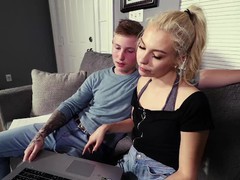 Blonde slut tutor helps teen with a cfnm handjob, Blonde, Blowjob, Cumshot, Handjob, Masturbation