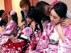 Rare japanese orgy with three cute jav teens with hairy pussy