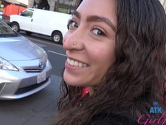 Brunette amber summer having fun with her bf outdoors in public