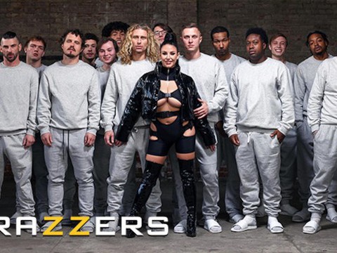 Brazzers - busty angela white gets blowbanged by a group of men and gets fully covered in cum