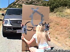 Horny blonde babe blows on a huge cock outdoors videos