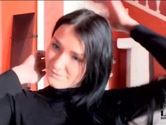 Blue eyed girl in black turtleneck strips movies at find-best-ass.com