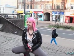 Pink haired babe teases in skintight pants outdoors videos