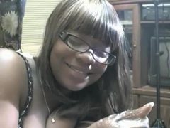 Chubby ebony with glasses sucking cock for jizz movies