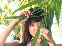 Slender asian with sexy small tits teases solo outdoors