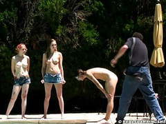 Lingerie Mania presents: Three girl nude outdoor belt spanking