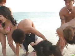 JerkCult presents: Group sex on the beach leads to creampie asian pussies