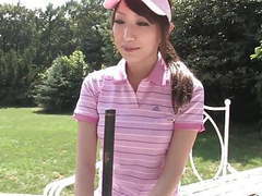 Naughty brunette sucks stud&#039;s dick after a game of golf