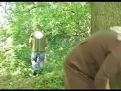Chunky granny's hairy cunt fucked in the woods