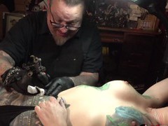 KiloLesbians presents: Marie bossette gets a painful tattoo on her leg, Pornstars, MILF, Tattoo, Fetish, Panties, Natural Tits