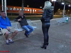 KiloVideos presents: Public threesome with double facial directly on the station!, Amateur, Blonde, Blowjob, Facial, MILF, Threesomes, German, HD Videos, Outdoor, Cum Swallowing, Leather, Train, Threesome, Porn for Women, Double, Leather Pants, Station, Two Guys, Guy, Pants, 