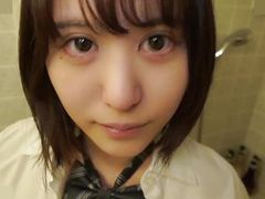 Very cute 18 year old dark haired japanese babe in uniform blow job and cum in her mouth. she also has big boobs and is