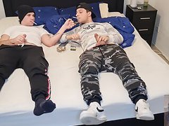 Find-Best-Pantyhose.com presents: Gay couple smoking, kissing, wanking their big dicks, blowing and cumming on the ashtray