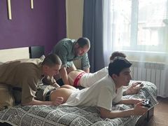 NymphoClips presents: #337 stepdad and stepson fuck college buddies hard while playing console