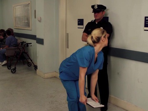 Nurse tara lynn fox drops on her knees to give a sloppy blowjob