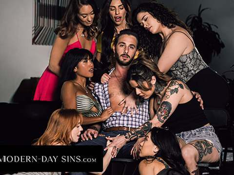 TubeHardcore presents: Modern-day sins - sex addicts ember snow & madi collins reverse gangbang their support group leader
