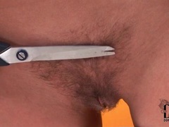 MistTube presents: Skinny girl trims pubic hair with scissors