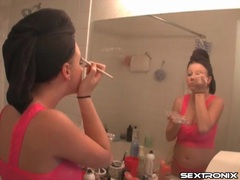 CrocoList presents: Big tits teen in hot pink lingerie does her makeup